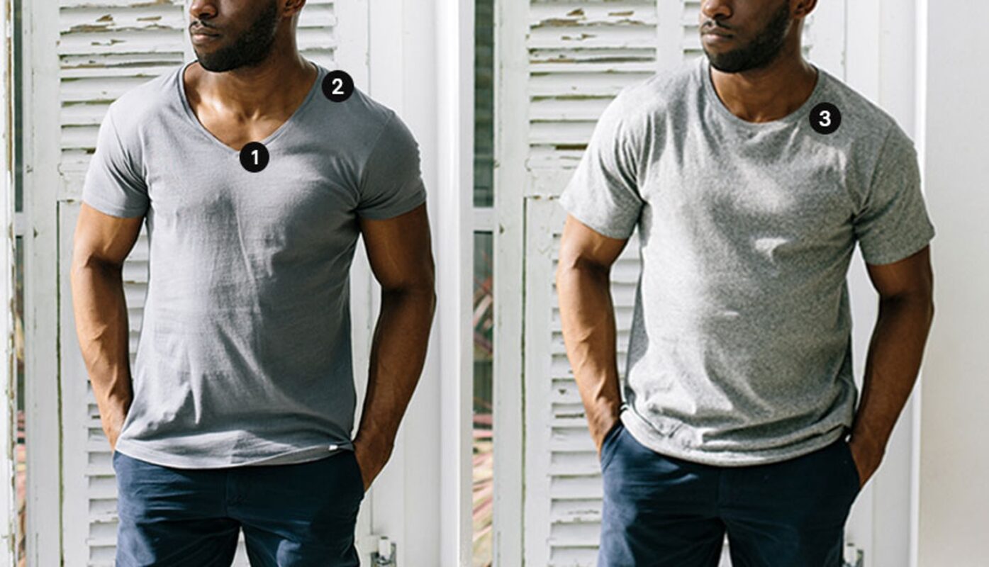 10 เคล็ดลับ ใส่เสื้อคอวียังไงให้ดูดี | มีเชิ๊ต เสื้อคนงาน เสื้อสะท้อนแสง เสื้อช๊อป one small change crew neck to v neck